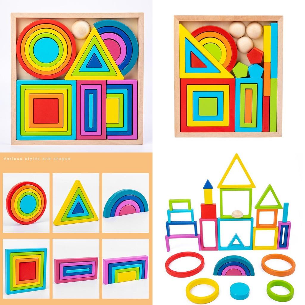 Wooden Geometric Rainbow Blocks For Toddler Learning Cognitive Development Set