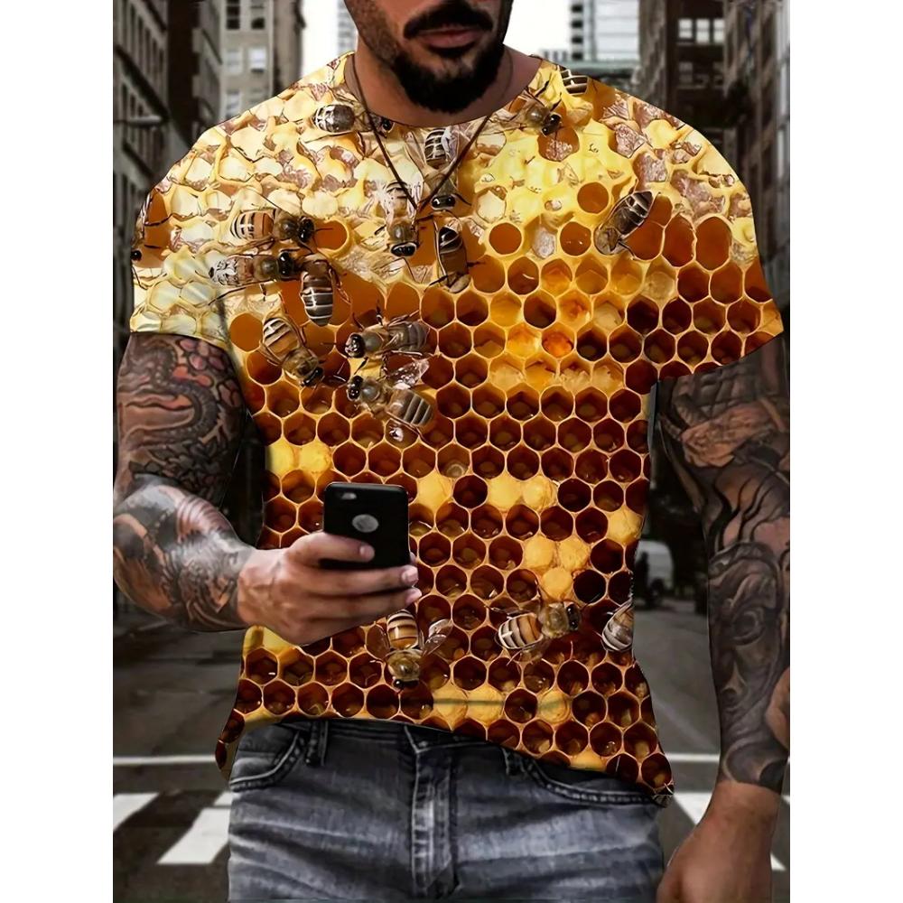 Men's Casual Honeycomb Bee Print T-Shirt Casual Round Neck Short Sleeve Tshirts Clothes New In Funny Bee Graphic T Shirts Tops