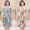 Floral Print Cotton Silk Knee-Length Dress for Middle-Aged Women – Lightweight, Short-Sleeved, Loose-Fit, Plus Size
