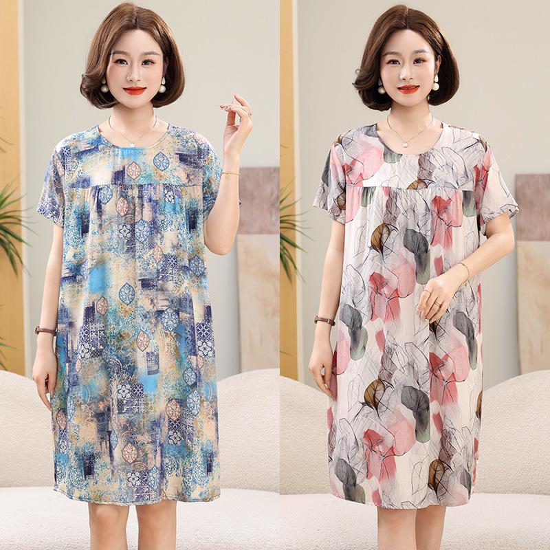 Floral Print Cotton Silk Knee-Length Dress for Middle-Aged Women – Lightweight, Short-Sleeved, Loose-Fit, Plus Size