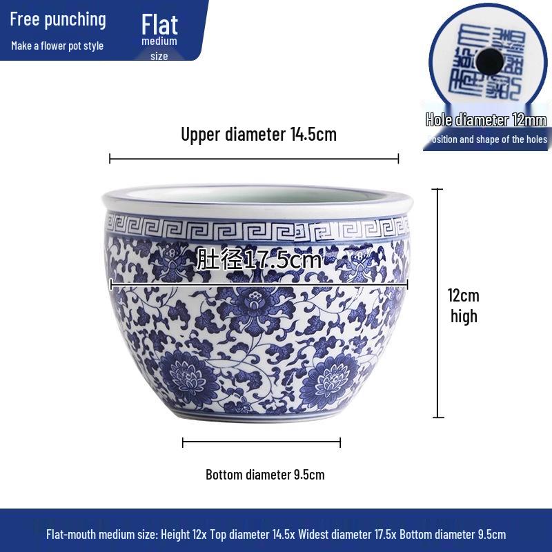 Large Blue and White Porcelain Ceramic Fish Tank for Desktop - Suitable for Goldfish, Turtles, Water Lilies, and Lotus