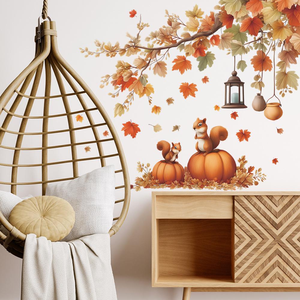 Painted Autumn Fallen Leaves, Pumpkins and Squirrels On The Walls of The Dining Room and Living Room