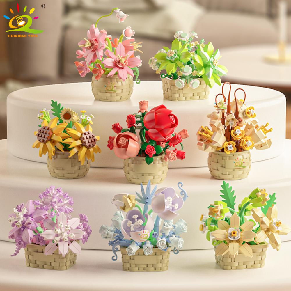 MOC Bouquet Potted Plant Micro Building Blocks Eternal Flower Model DIY Home Desk Decoration Brick Toy For Children