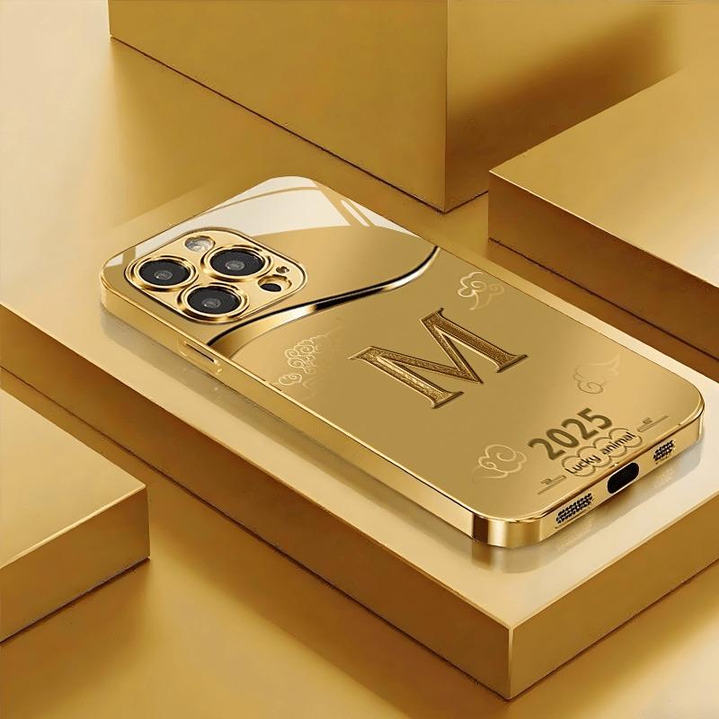 Simple Letter M Print Gold Metallic Paint Glass Phone Case For iPhone 17 16 15 14 13 12 Pro Max 14 15 Plus 17 Air 16E Cover