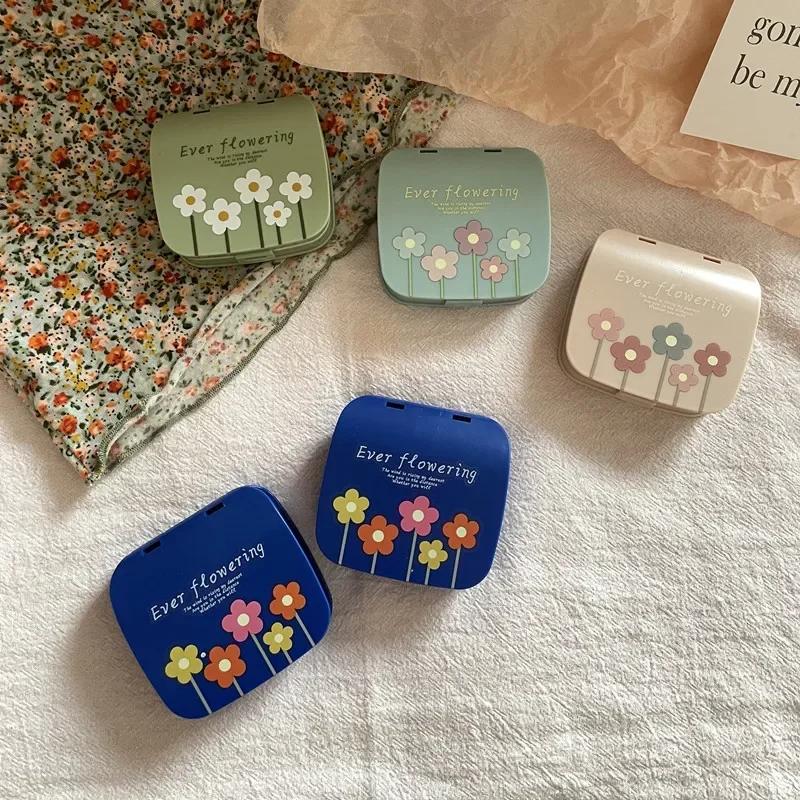

Korean Beauty Contact Lens Case Color Flower Women Portable Contact Lens Container Box Travel Portable Mirror Tweezers Set Box