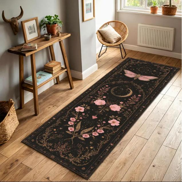 Tappeto runner floreale con stampa scura di falena in stile Boho per corridoio, antiscivolo, lungo, tappeto lavabile vintage per ingresso