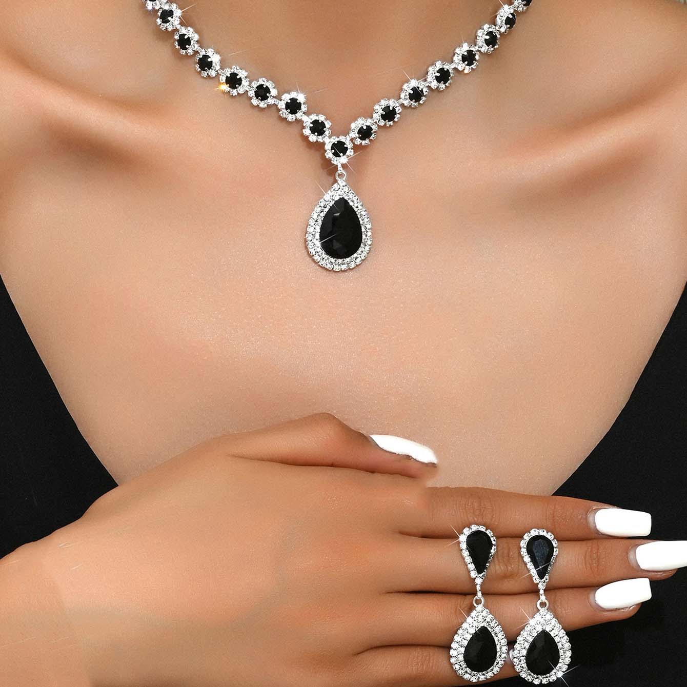 

Кристалл ожерелье серьги для женщин кулон в виде капли воды горный хрусталь свадебные комплекты ювелирных изделий для невесты чёрный