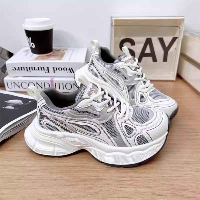 Platform Dad Shoes Women's Spring New Versatile Round Head Leather Mesh Sports and Leisure Shoes