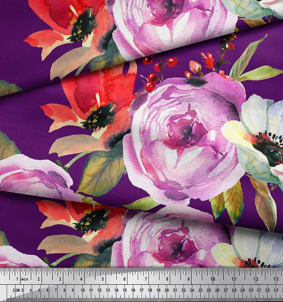 Soimoi Japan Crepe Satin Fabric Leaves,Poppy & Peony Flower Decor Fabric Printed Metre 42 Inch