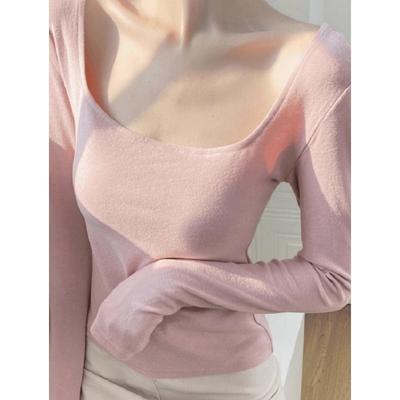Square Collar Leaking Collarbone Pink Top, Spring Polished Inner Long-sleeved Slim-fitting and Thin, Pure Desire Versatile Bottoming Shirt