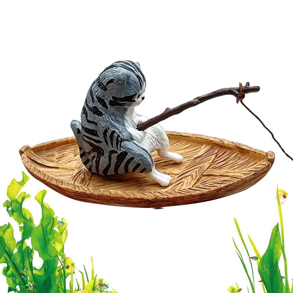 Fish Tank Decorations Creative Cat Fishing Boat Aquarium Ornament Resin Kitten Fishing Fish Tank Decor Garden Pond Landscaping