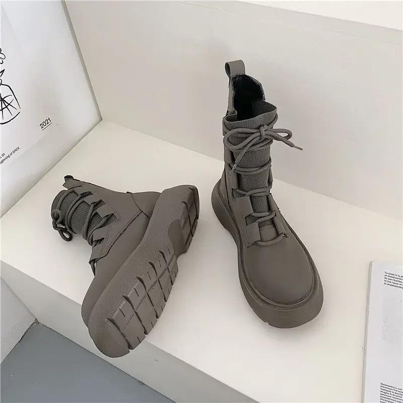 Black Knitted Lace-up Riding Boots Female 2025 Designer's New Spring and Autumn Boots Thick-soled British Wind Locomotive Boots