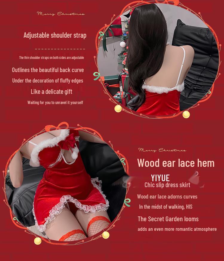 Yiyue Sexy Christmas Lingerie: Women's Temptation Nightdress with Hollow-Out Design - Red 8860