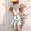 Women's Summer Flying Sleeves V-neck Dress Floral Print Stand Collar Midi Dress