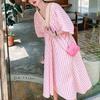 Summer V-Neck Pink Striped Dress Loose Tummy-Hiding Slimming Mid-Length Knee-Length Skirt