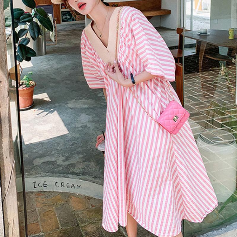Summer V-Neck Pink Striped Dress Loose Tummy-Hiding Slimming Mid-Length Knee-Length Skirt