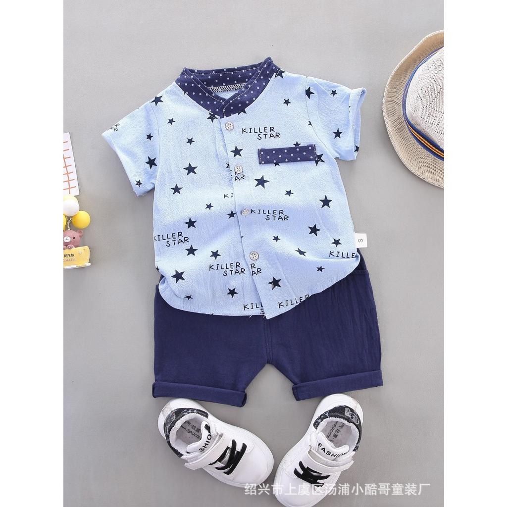 Summer Printed Pyramid Shirt Short Sleeved Shorts Set for Male and Female Infants and Young Children
