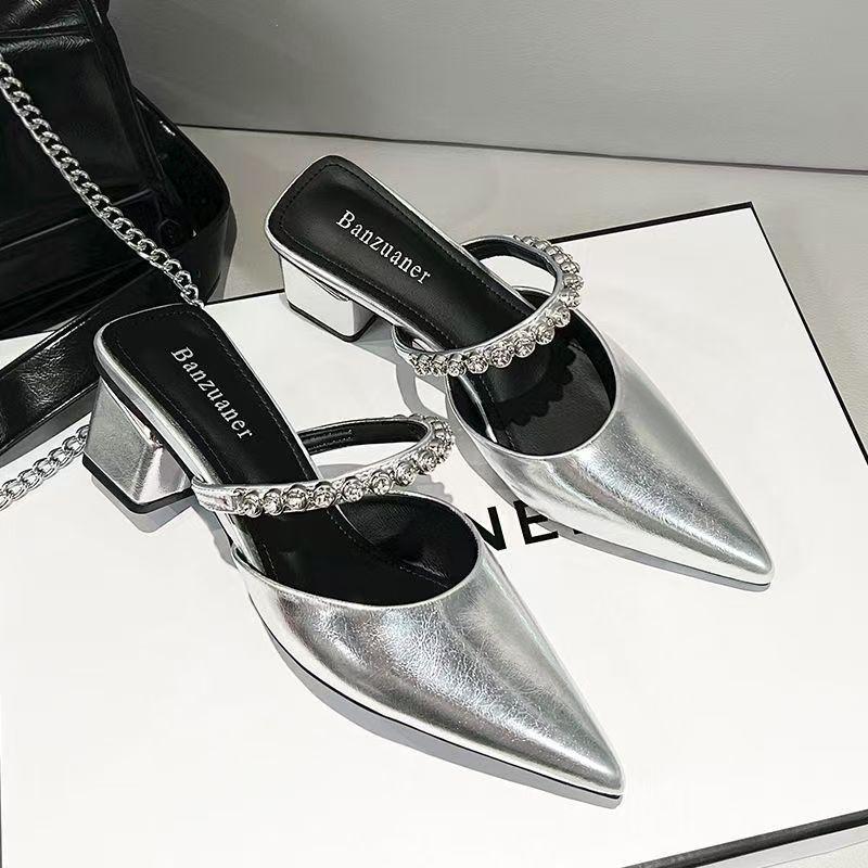 French high-end bag head half slippers summer thick heel wear 2025 new silver pointed rhinestone cool slippers women