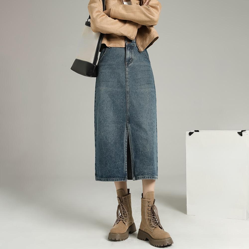 Denim Skirt Women High Waist Split Skirt Women Thin A-line Skirt