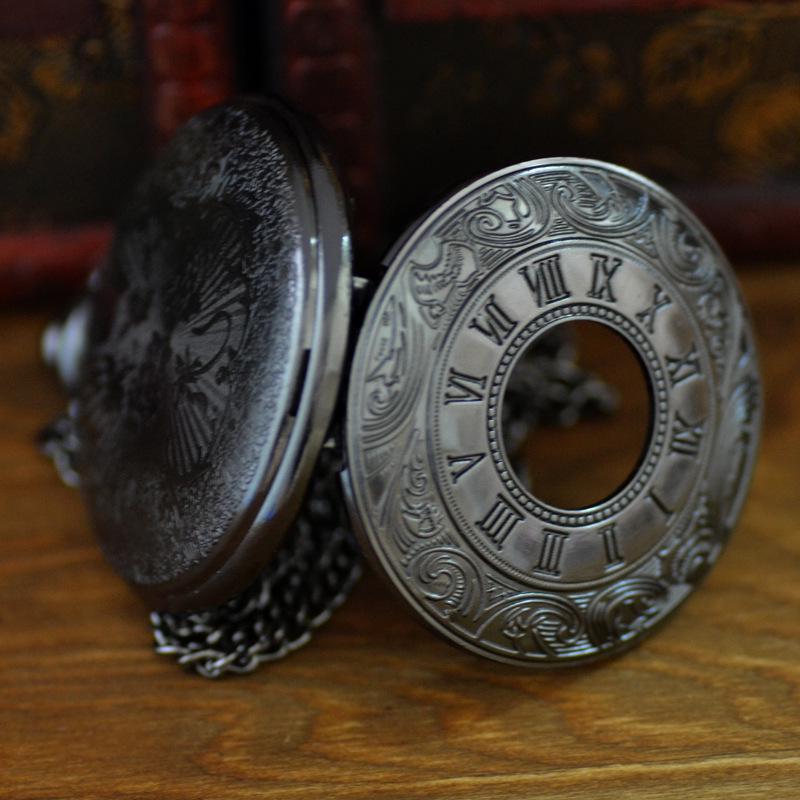 Black Retro Roman Numeral White Face Skeleton Pocket Watch 8171
