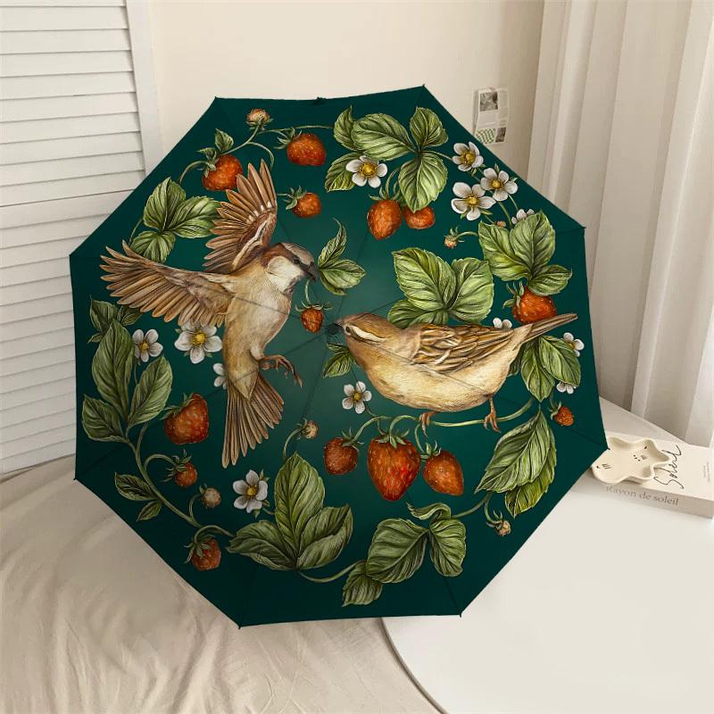 

1PC Birds StrawberryAutomatic Open/Close Umbrella with Windproof, 8-Rib Sturdy Canopy, Durable Ribs, Fashionable Design, Outdoor Accessory, Fun Prin,