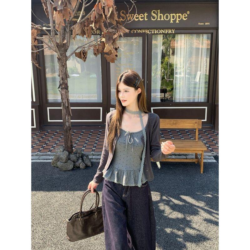 Kumikumi Gentle Pure Color Knitting Cardigan Outwear Female Fall Bows Polka Dot Brace Vest Two-Piece Set