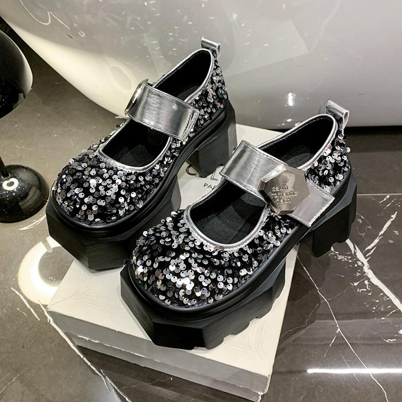 Fashion 8CM Blingbling Leather Chunky Heels Pumps Spring Summer Ankle Boots Mary Jane Chunky Heels comfort Platform Women Shoes