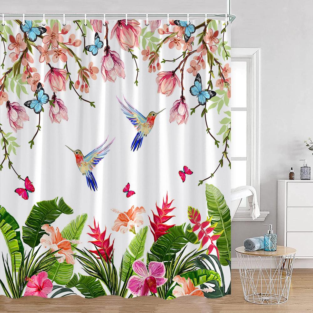 Floral Shower Curtains Flowers Tropical Leaves Birds Butterfly Dragonfly Greenery Plants Bath Curtain Home Decor For Bathroom