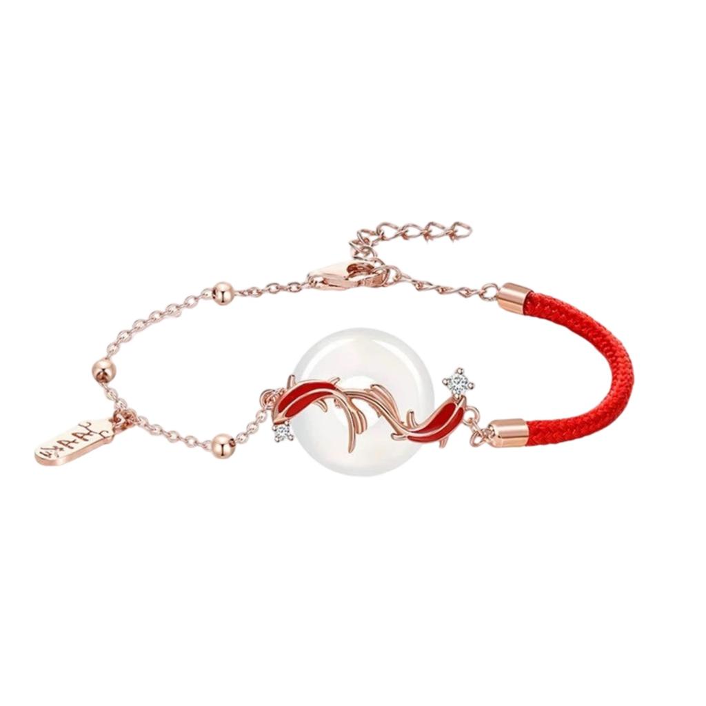 Hetian Jade Bracelet, Rope Bracelet, Red String, Fish