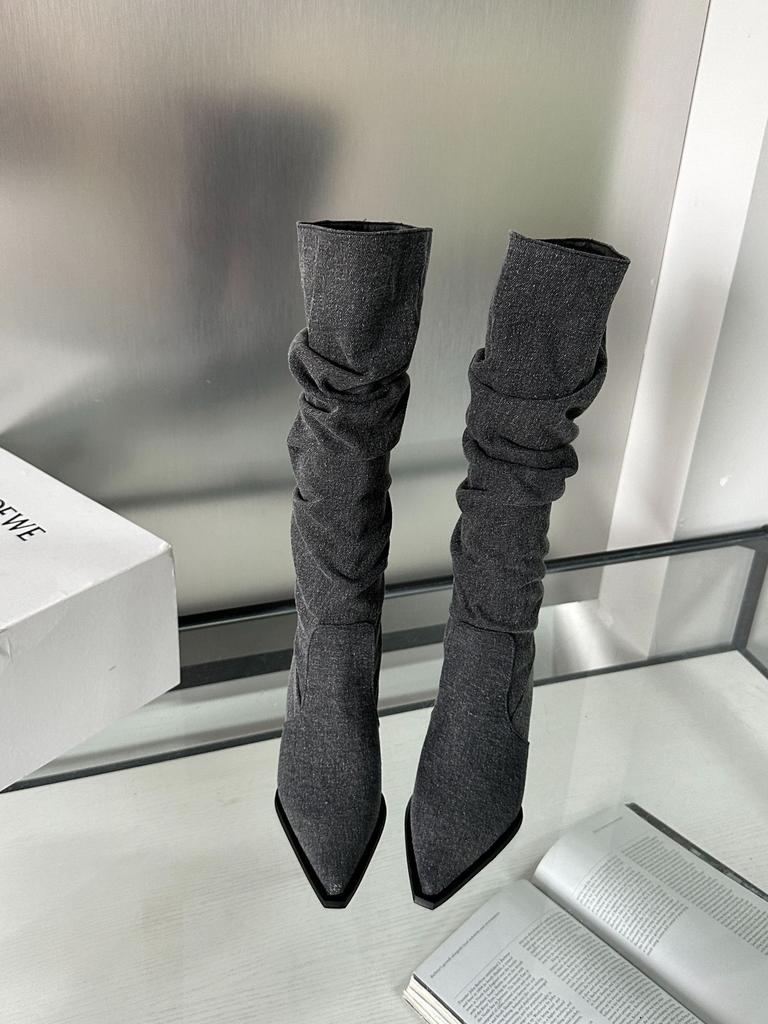 2025 autumn and winter pointed head tall tube wrinkled piled boots fine heel denim high heel but knee boots women