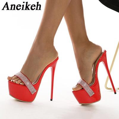 Aneikeh Sexy Bling Platform High Sandals Slippers Summer Women Fashion Peep Toe Shallow 17CM Thin Heel Shoes Slip On Sweet Party