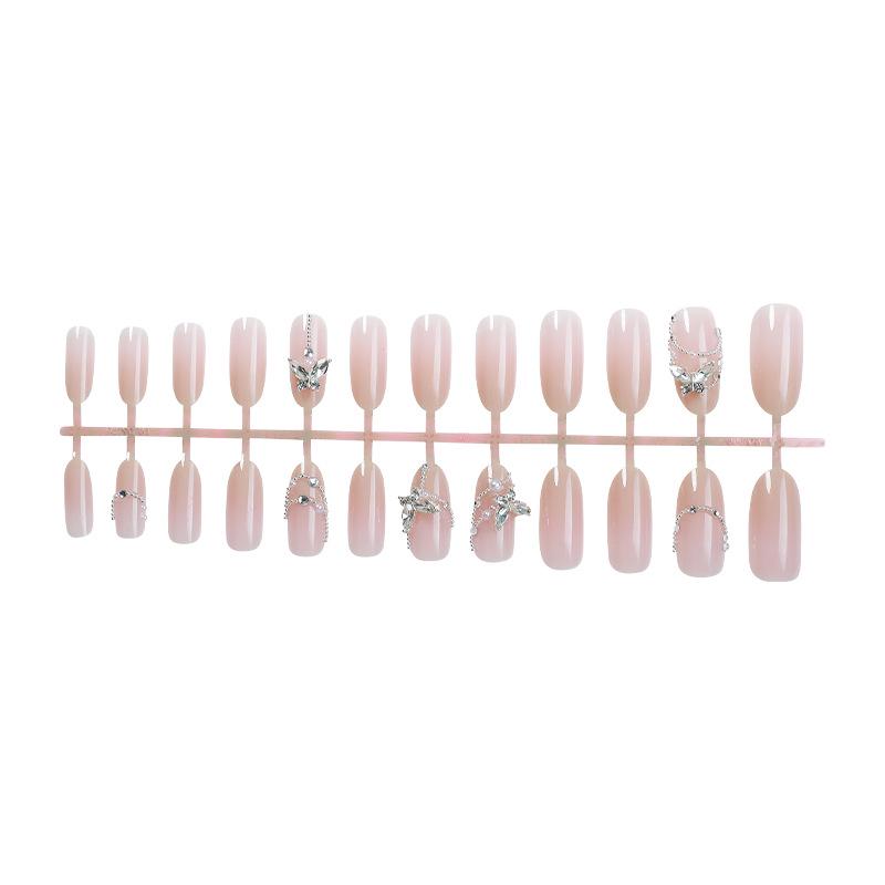 Almond-shaped Nude Butterfly Rhinestone False Nails - Wearable Nail Manicure Patches