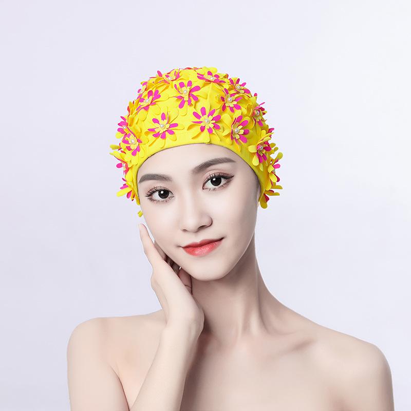 Women's Pearl Flower Handmade Swimming Cap - Three-Layer Design with Double-Layer Comfort