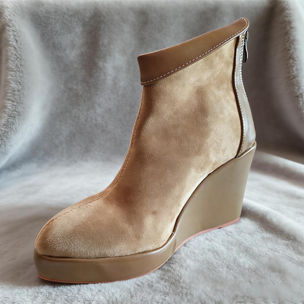 Stivaletti da Donna Primavera Autunno Pelle Scamosciata Zeppa Caviglia Piattaforma Tacco Zeppa 10cm Con Zip Posteriore