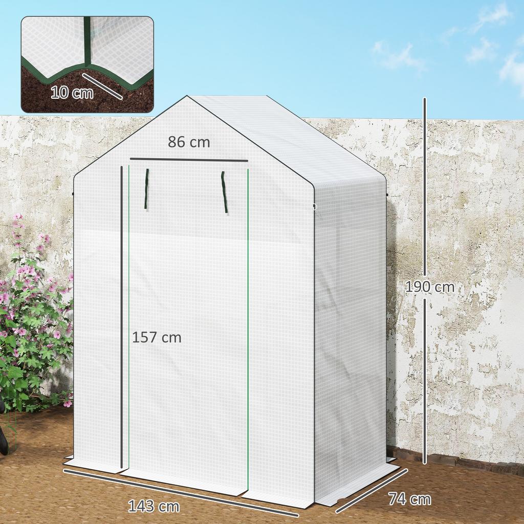 143 X 74cm Walk-In Greenhouse, with Shelves - White