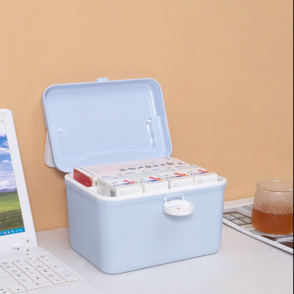 Dvouvrstý úložný box na léky s rukojetí Velkokapacitní nouzový box Přenosný design se sponou Pouzdro na léky
