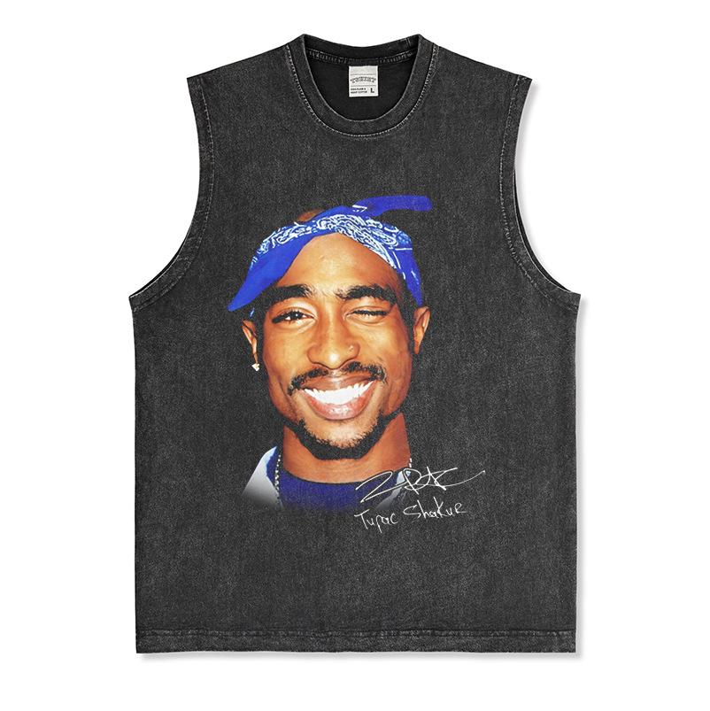 Canotta Senza Maniche Tupac Grafica Retro High Street Cotone Pesante
