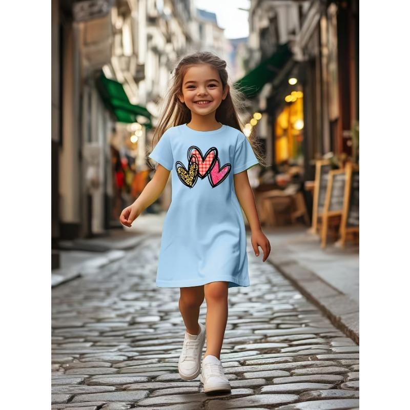 Creative Love Pattern Printed Casual Dress for Summer Clothing for Preschool Girls,