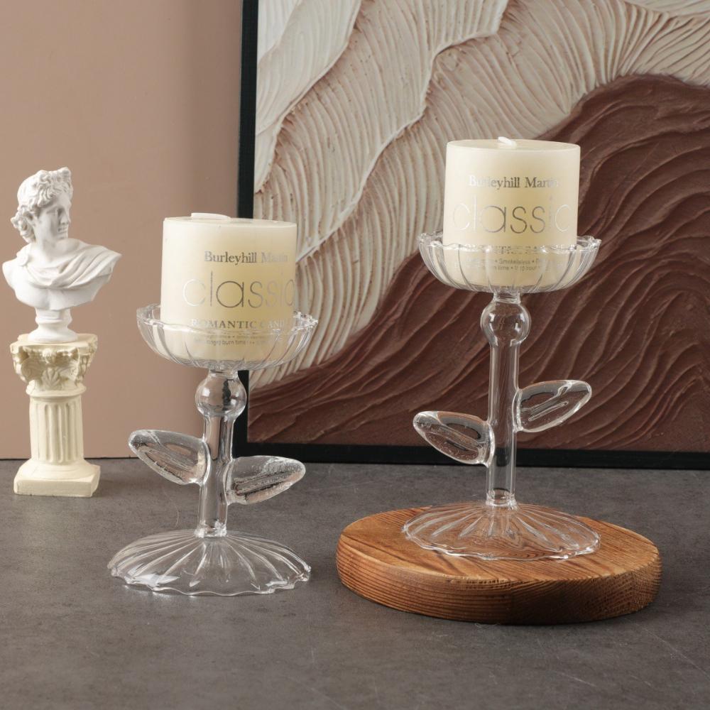 

Clear Glass Leaf Design Candle Holder Tall Stem Candle Stand Elegant Table Centerpiece for Romantic Dinner Wedding Home Decor