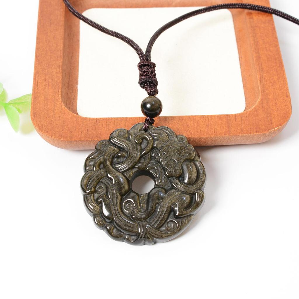 Unisex Obsidian Pixiu Grass Dragon Pendant - Crystal Ice Gold Black Peace Buckle