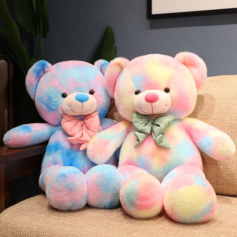 60/80 cm Kawaii Colorful Bowtie Bear Plush Toy Soft Stuffed Animal Teddy Bear Plushie Doll Pillow Birthday Gift for Girls Kids