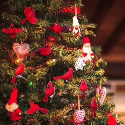 10 Pcs Red Bird Ornaments Wood Red Birds Christmas Tree Hanging Decoration for Winter Holiday Home Decor