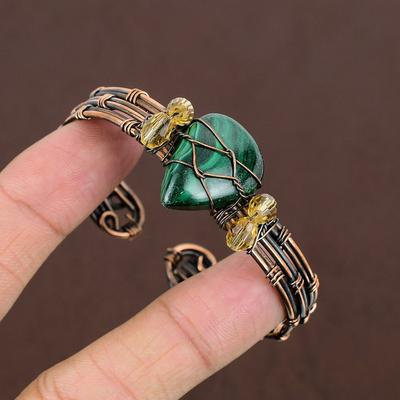 Natural Malachite Gemstone Handmade Copper Wire Wrap Cuff Bangle Adjustable E2z20