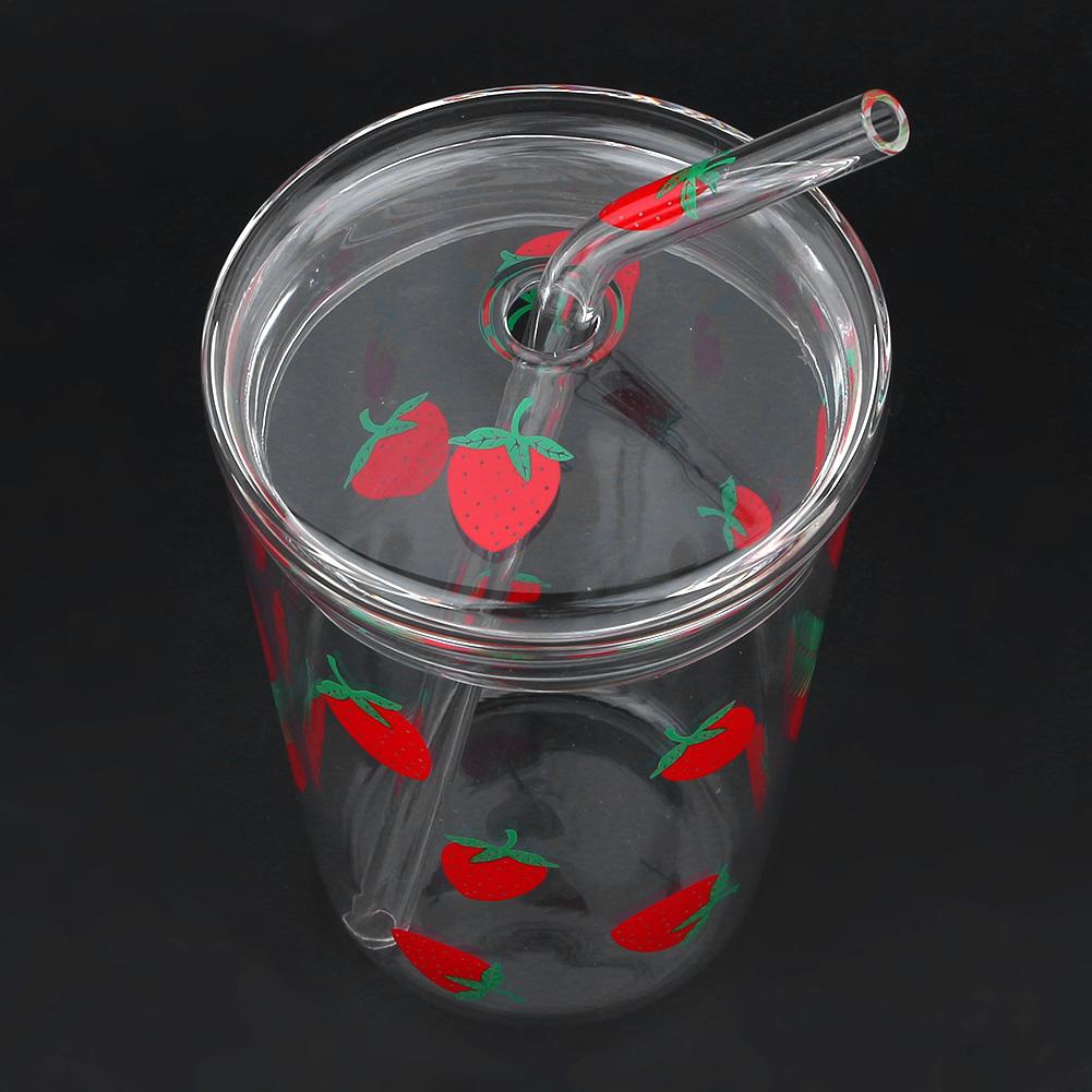 Heat resisting Clear Strawberry Pattern Coffee Juice Drinking Water Glass Cup with Straw Lid