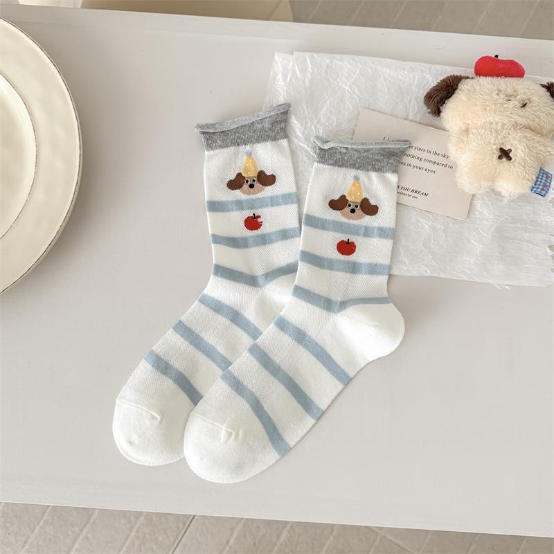 Spring/Summer Striped Mesh Puppy Socks: Cute Cartoon Polka Dot Mid-Calf for Women