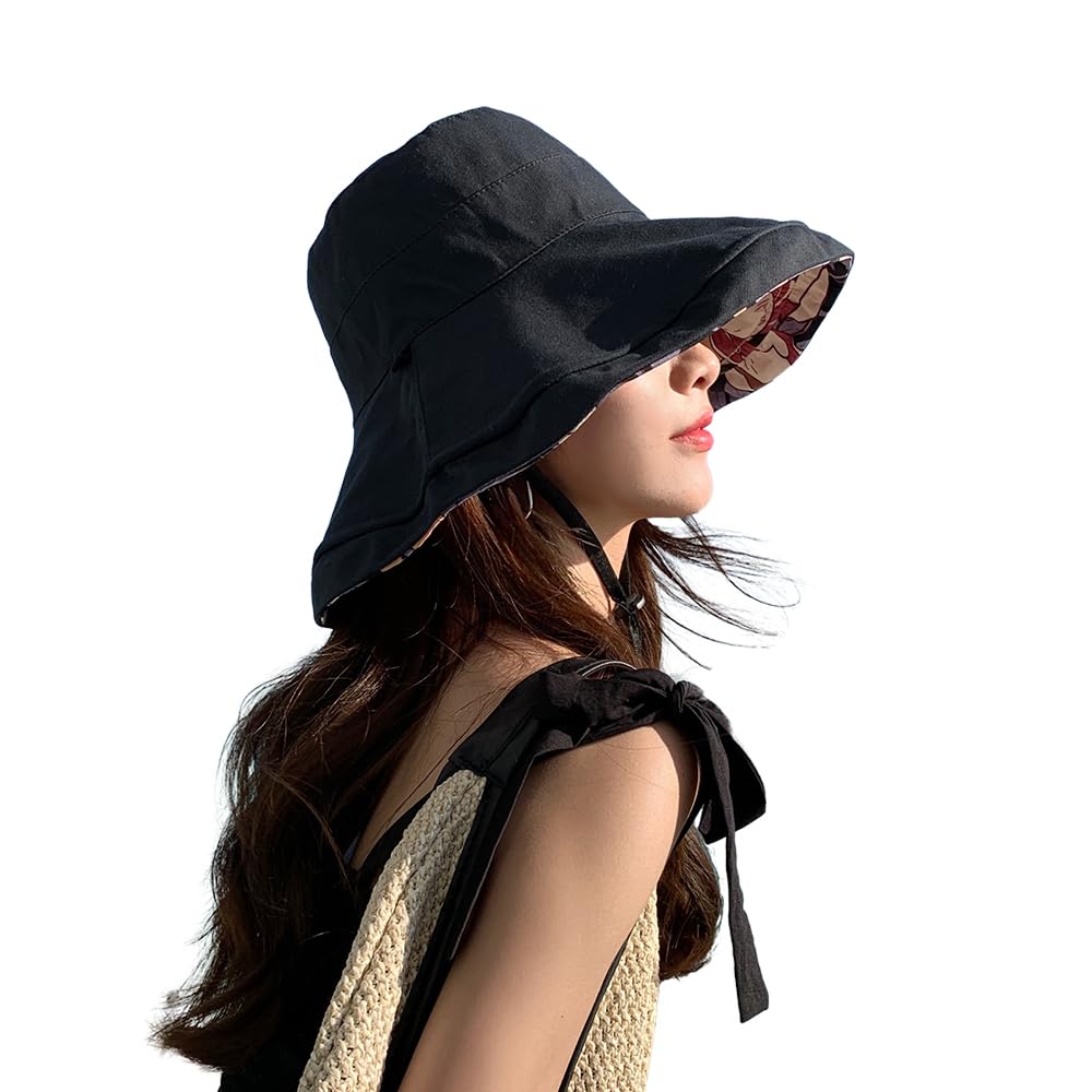 

UV Sun Solid Floral Wide with Chin Adjustable UV Light Complete Sun Gift G0079 [Karsaer] Women s Hat, Spring/Summer, Protection, Reversible, чёрный