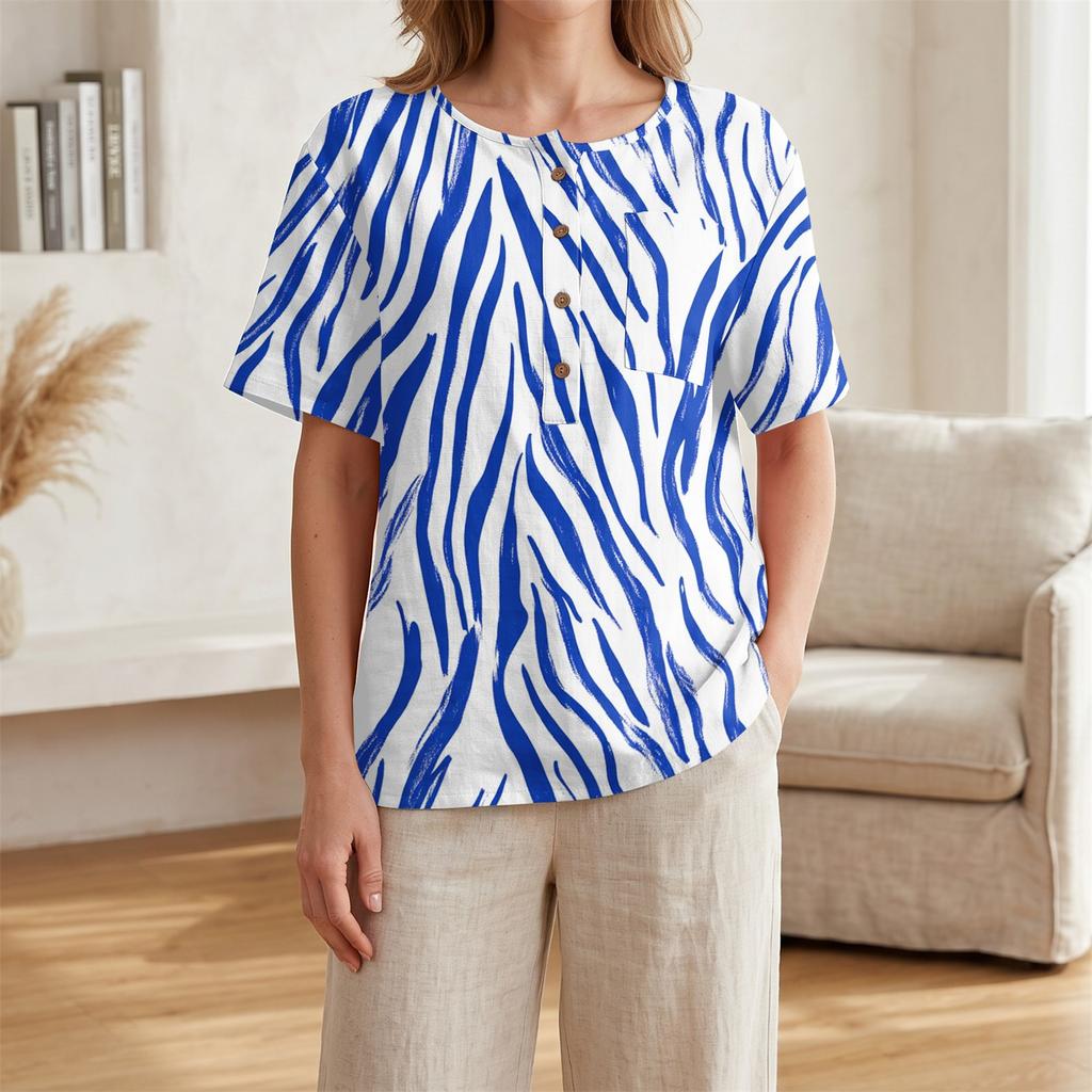 Damen Kurzarm Hemd aus Leinen-Baumwollmischung Henley Knopfleiste Brusttasche Blumendruck Lässiges Sommer Top