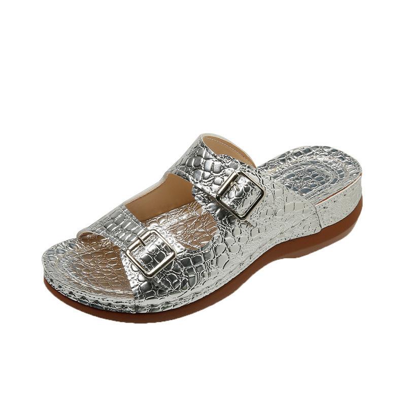 Spring and summer women's shoes large size thick-soled wedge heels women's cool slippers fashion casual double buckle with cool slippers