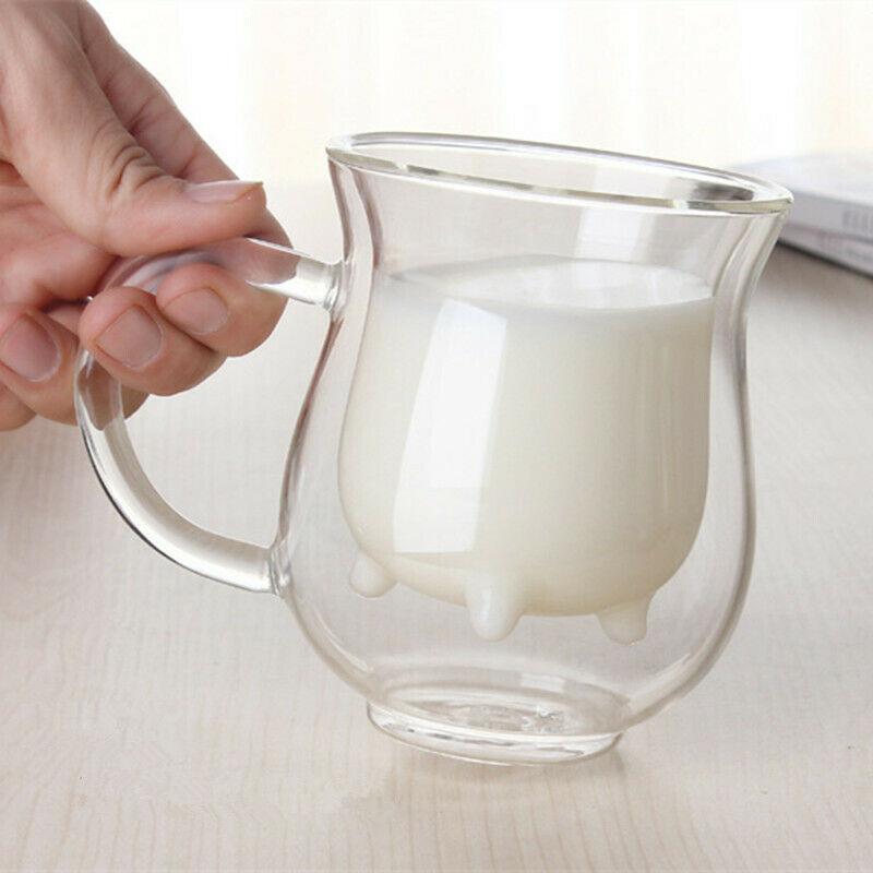 Creative Dairy Cow Mug, Double Wall Glass Cup for Milk Coffee Beer Fruit Juice, Heat Insulation Glass Household Drinkware