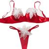 Women's Sexy Bra Set Floral Decor Mesh Splice Lingerie Set Thin Red Bra Lingerie Set